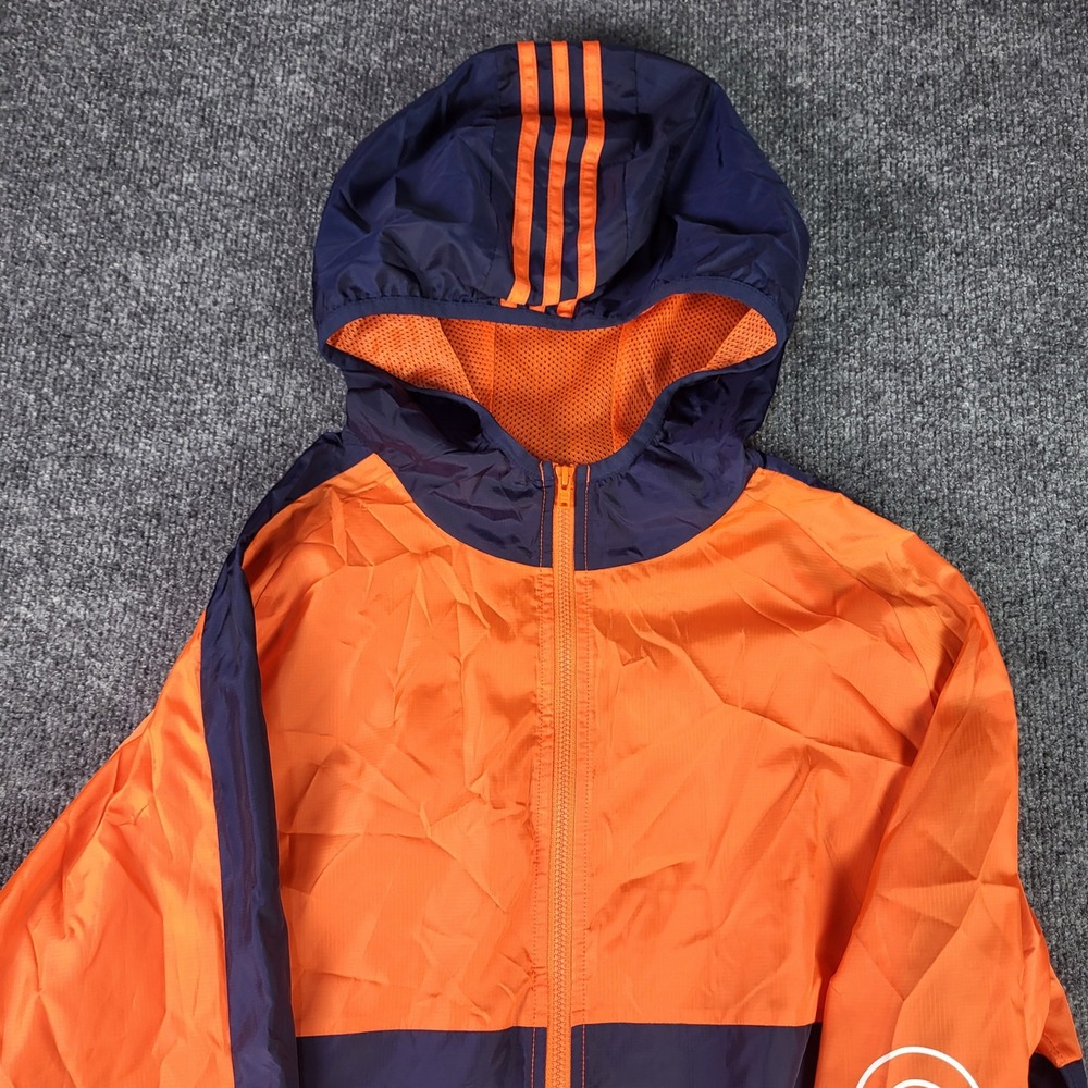 Adidas Boys XL 18/20 Windbreaker Jacket Orange Navy Blue Hooded Full Zip Logo
